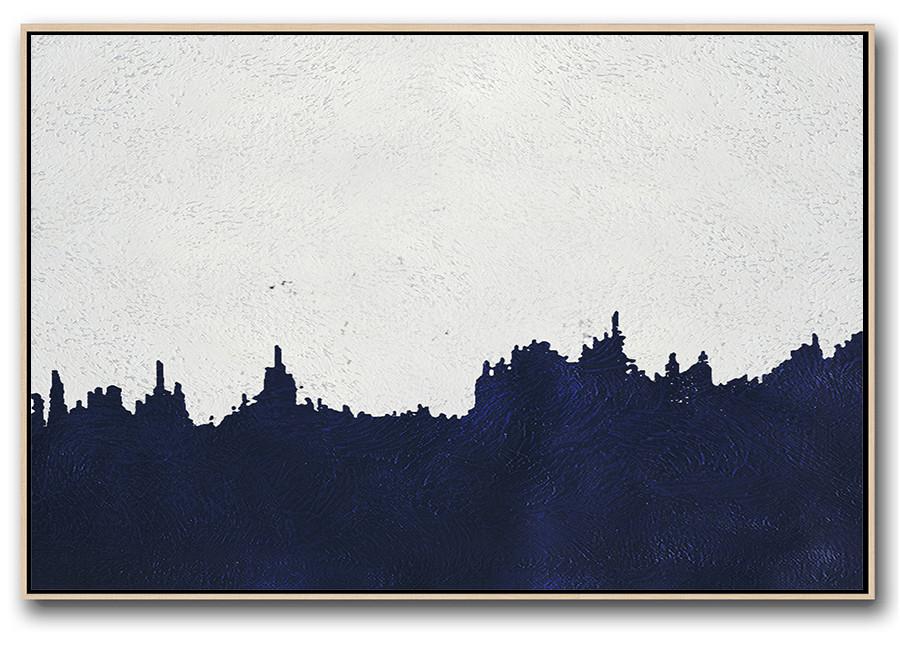 Horizontal Abstract Painting Navy Blue Minimalist Painting On Canvas - Art For Canvas Extra Large